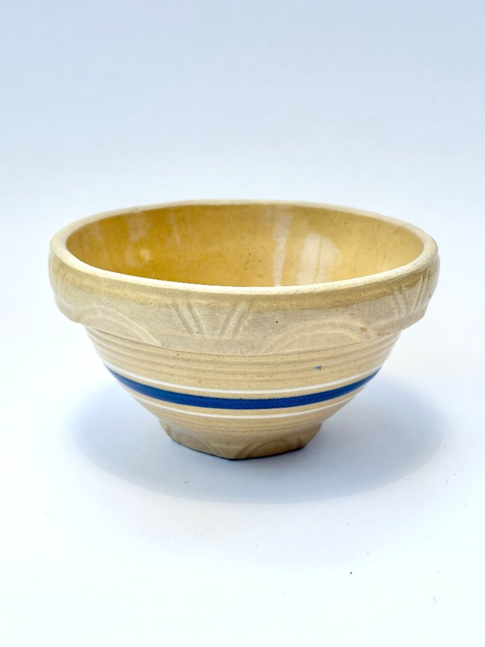 Vintage Yellowware #5 Ceramic Mixing Bowl Blue Banded Pottery